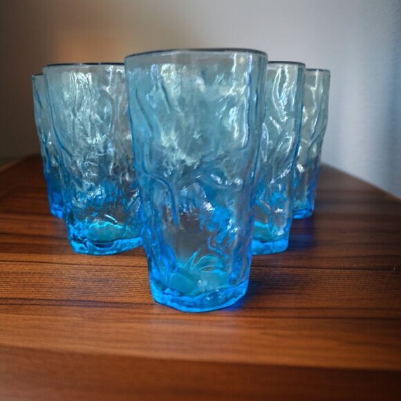 Morgantown Seneca Peacock Blue Driftwood  6-Set Tumbler Glasses Crinkle 12 oz - Picture 10 of 16